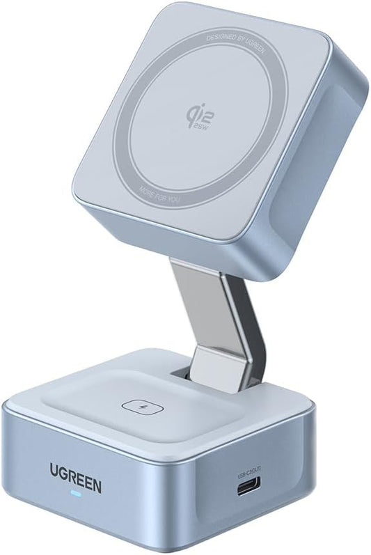 UGREEN Qi2 25W MagFlow 2-in-1 Magnetic Wireless Charger, MagSafe Compatible Charger, 70° Adjustable and Travel-Friendly, for iPhone 17 Series, AirPods
