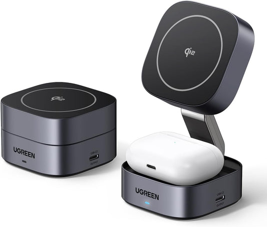 UGREEN MagFlow Qi2 Wireless Charger, 15W 2 in 1 Magsafe Charging Station for Travel, Foldable Adjustable, Compatible with iPhone 16/15/14/13/12 Series, AirPods 3/2/Pro (No AC Adapter)